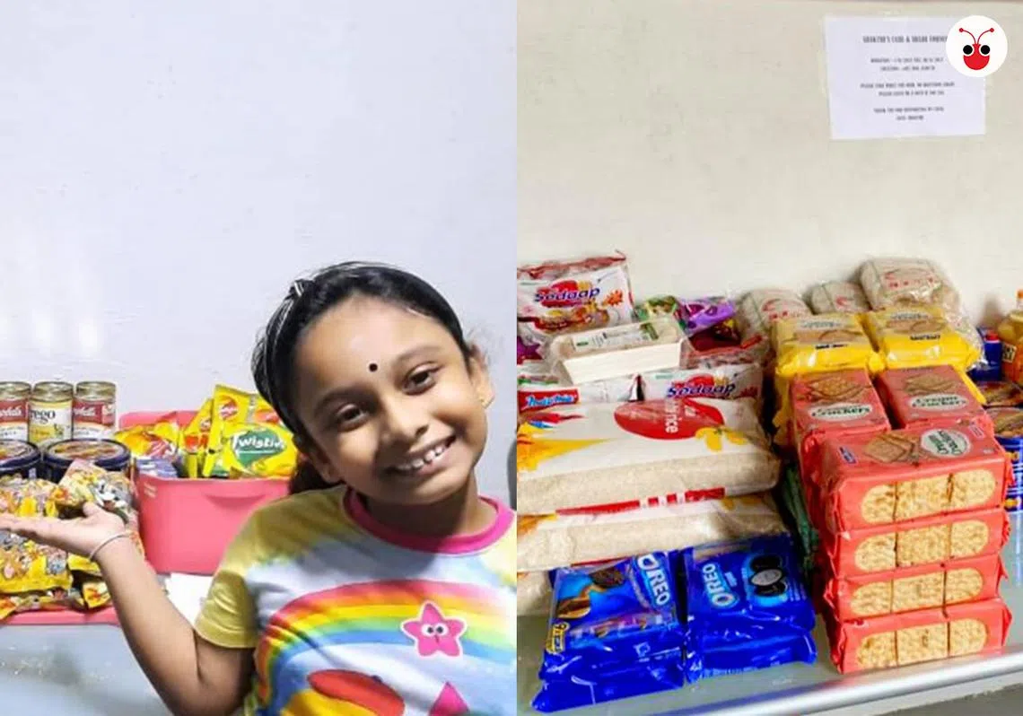 新加坡一名印族女童利用学校假期，设立了“关怀与分享角落”（Care & Share Corner），提供贫苦居民免费粮食，并送上温暖。（Jmaleni Saravanan / 红蚂蚁制图）