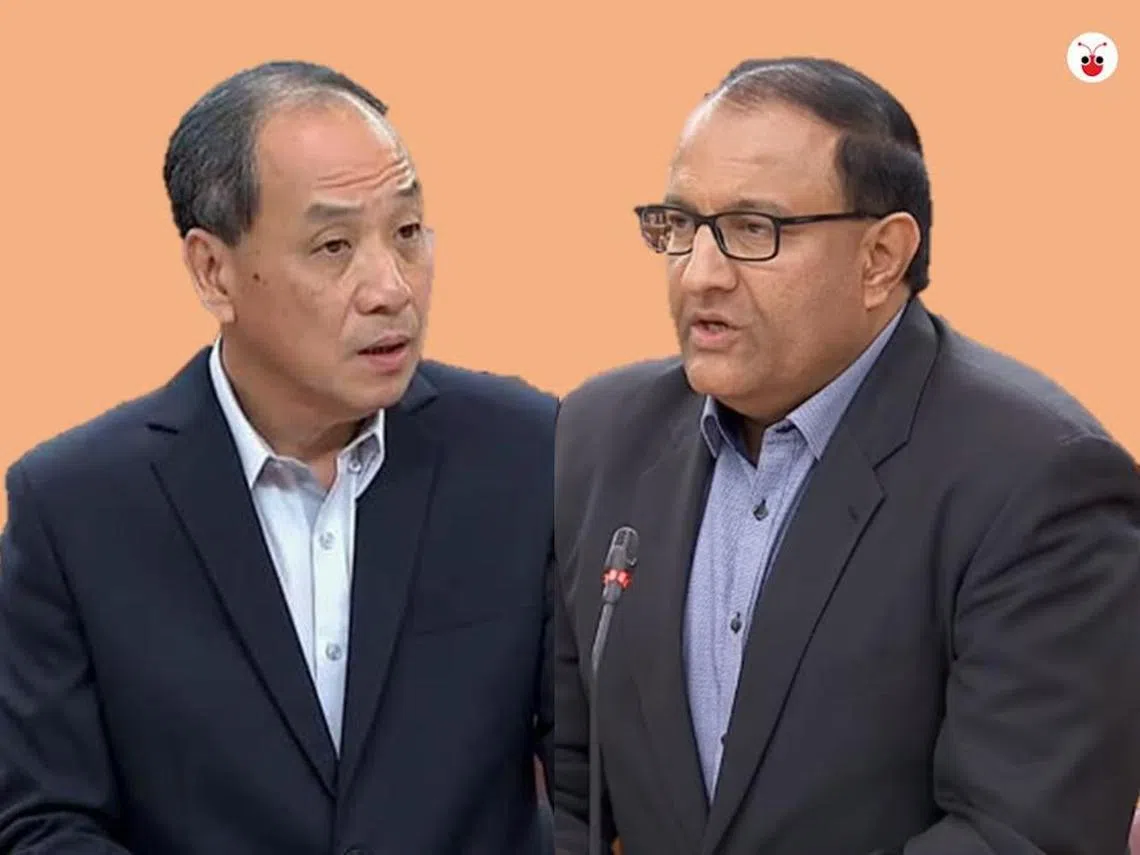 工人党前秘书长刘程强（左）今天在国会询问，如果政府知道谁是幕后黑手，会不会向新加坡人透露到底是哪一个国家向我们发动网袭？负责网络安全事务的通讯及新闻部长易华仁坚持不松口。（张丽苹制图）