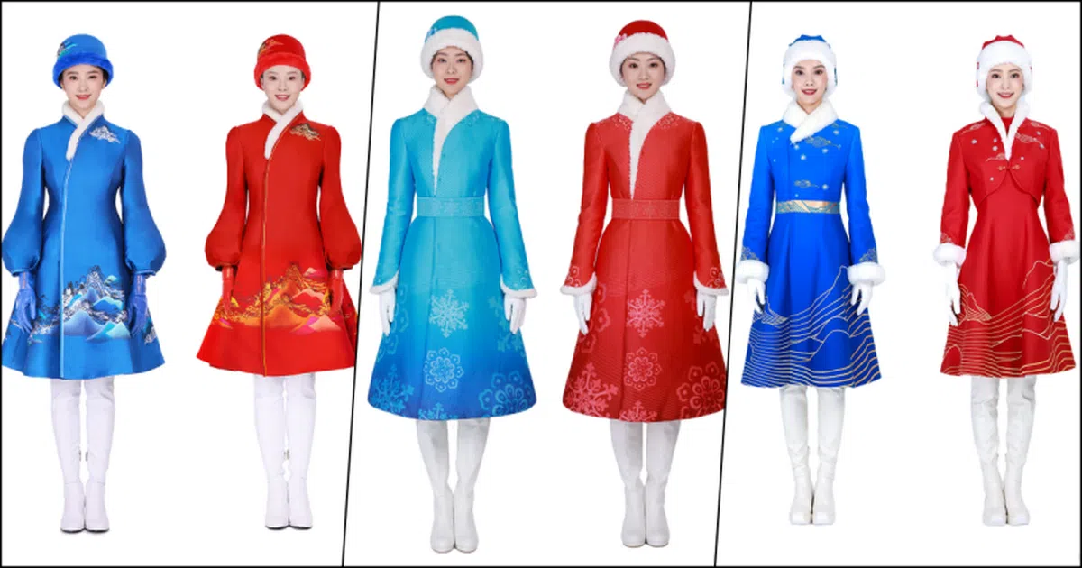 左起：“鸿运山水”、“唐花飞雪”、“瑞雪祥云”，这三套服装将分别出现在冰上场馆、颁奖广场和雪上场馆的颁奖仪式中。每套服装也以红色和蓝色区分出引领员和托盘员。（北京2022年冬奥会微博）