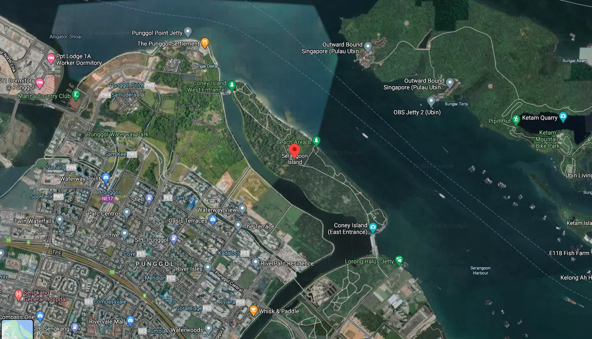  科尼岛离新加坡好近，就好像小baby依偎在母亲怀里。（谷歌地图截图） 