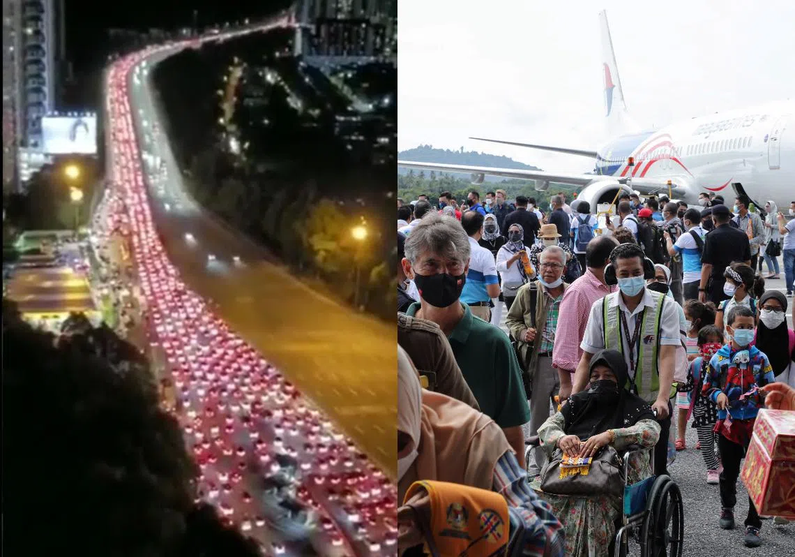 马国首日开放旅游泡泡的浮罗交怡（右）迎来了首批游客，而最近刚放宽防疫措施的吉隆坡则出现了疑似返乡和出游的车龙。（红蚂蚁制图）