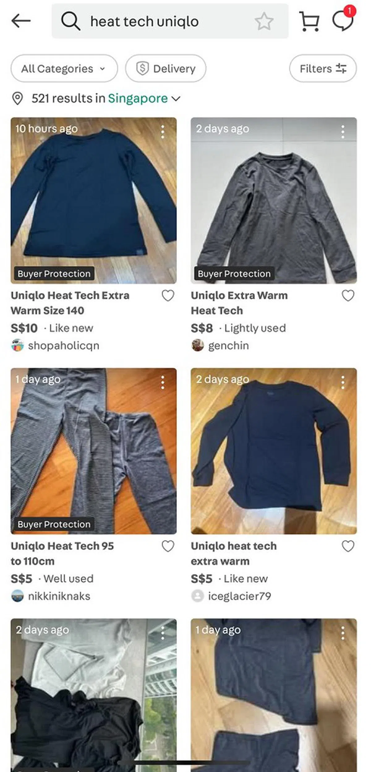 小孩的保暖内衣在二手市场很抢手。（取自Carousell）