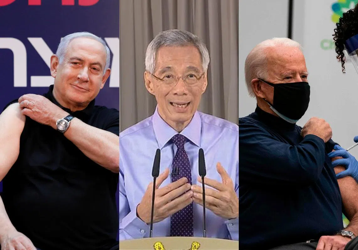 以色列总理内坦亚胡（左）和美国候任总统拜登（右）已先后施打疫苗，我国总理李显龙（中）早前亦宣布他将与同僚们率先接种疫苗。（李国豪制图）