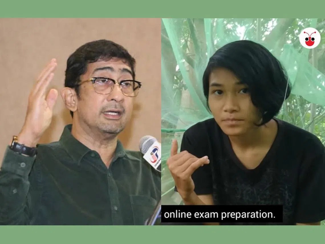 马国通讯部副部长扎希迪（左）指沙巴大学女学生薇薇奥娜（右）“在录制视频时是没有考试的，这表示她只是为了冲点击率才这么做。”（红蚂蚁制图）
