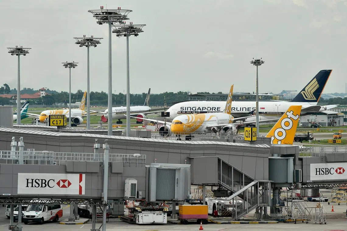 樟宜机场停机坪。（海峡时报）