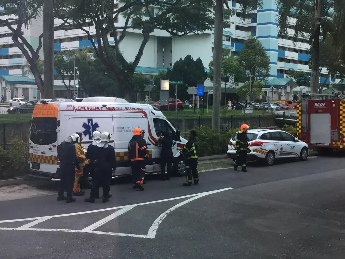  红蚂蚁读者爆料，报业中心今天下午突然出现警车、民防车、危险物质控制车等14辆车。（红蚂蚁读者提供） 