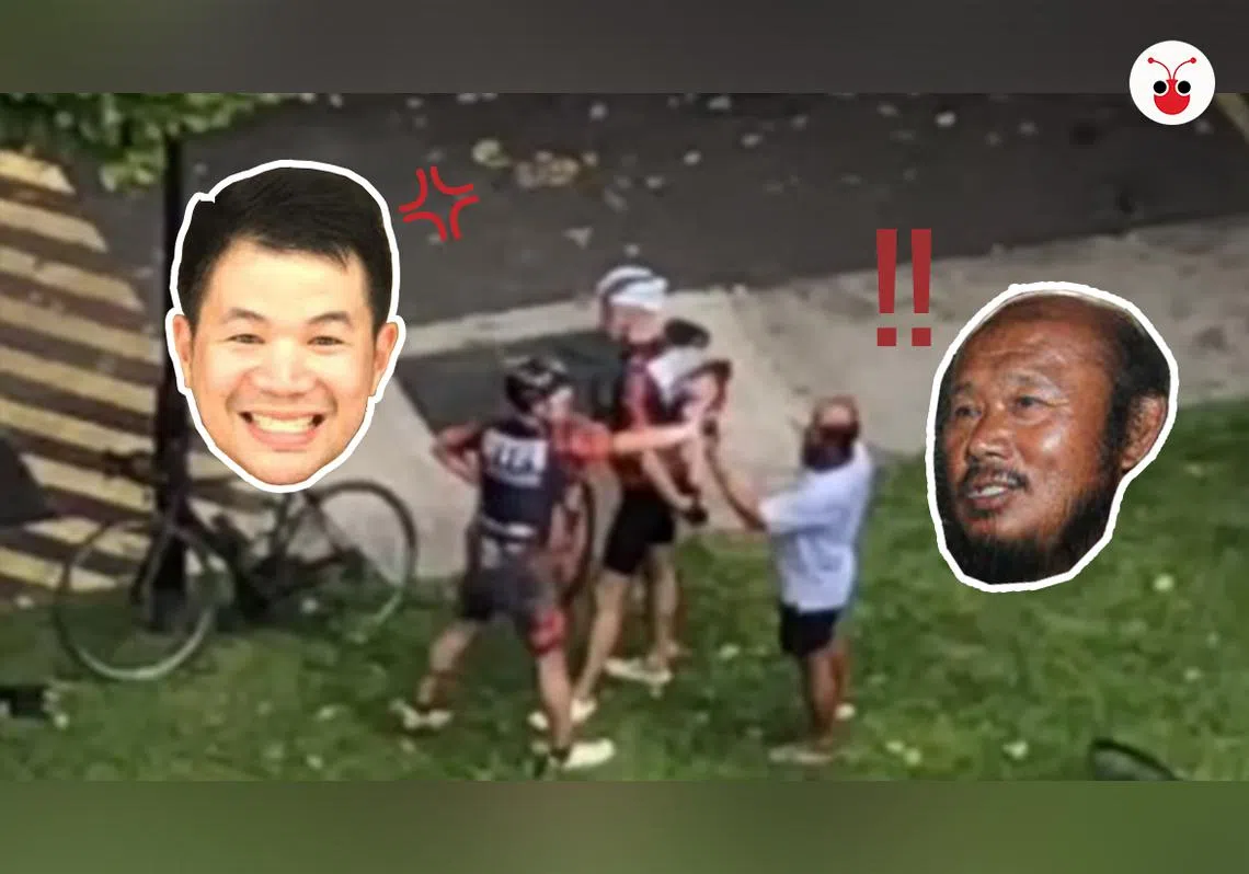 公路擂台赛，罗厘司机（右一）和脚踏车骑士从路上到路旁都在“互掐”。罗厘司机拿手机对着骑士拍照，岂料手机突然给那名被撞的骑士（左一，戴黑红色安全帽那位）抢走……（Roads.sg视频截图、联合晚报、曾庆祥制图)