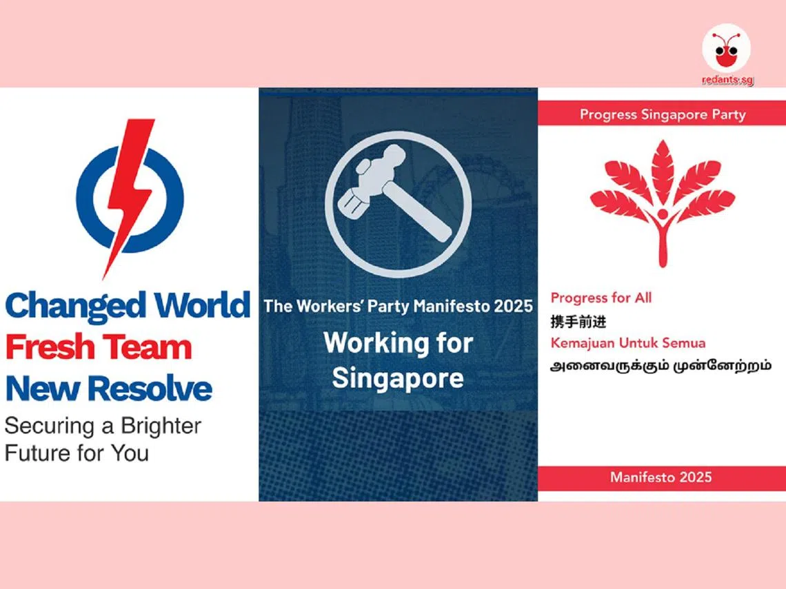 （左起）人民行动党、工人党和新加坡前进党的竞选口号。（红蚂蚁制图）