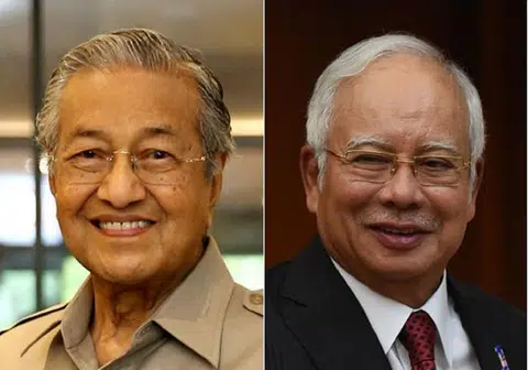 马来西亚大选将至，首相纳吉（右）和前首相马哈迪的对决，很快就会分出胜负。（海峡时报）