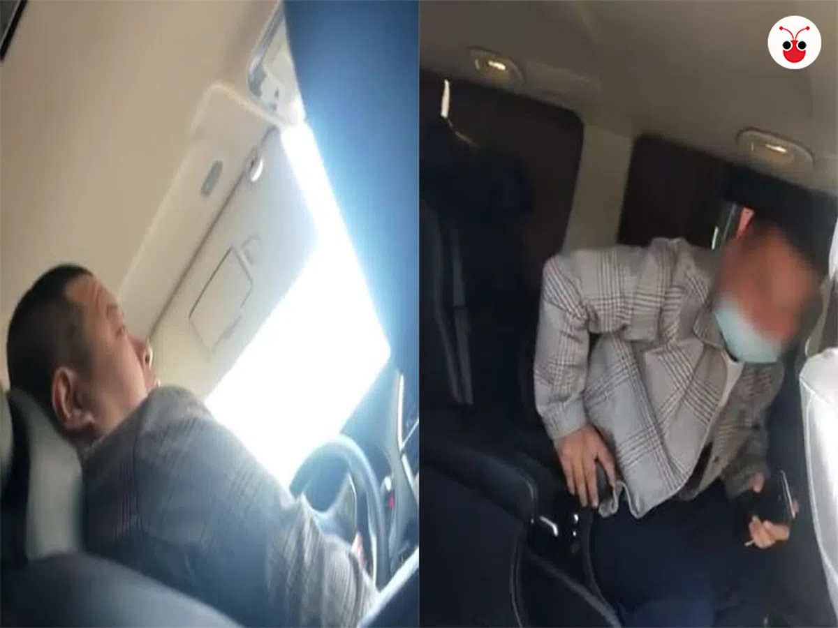  司机（左）与坐在商务车第二排的30岁左右男子。（新京报视频截图/红蚂蚁制图） 