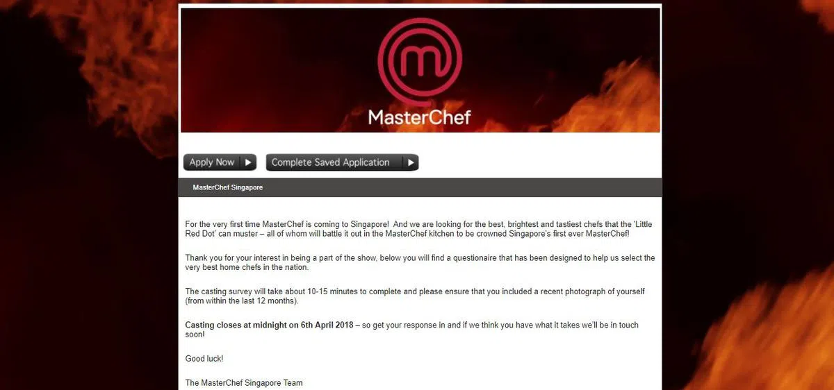  《顶级厨师》狮城版的报名截止时间也延长至本月6日半夜。（MasterChef Singapore官网） 