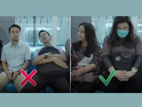雅加达地铁乘车文明指南，教你如何在地铁车厢内“正确”睡觉。（视频截图）