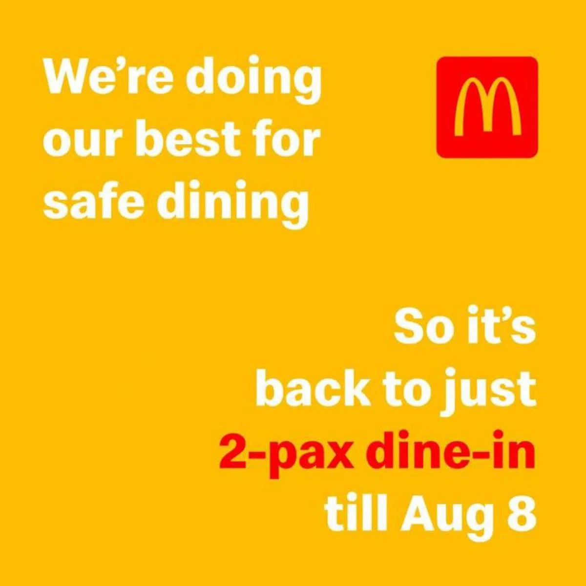  麦当劳宣布，直到8月8前将采取堂食人数上限2人的措施。（麦当劳） 