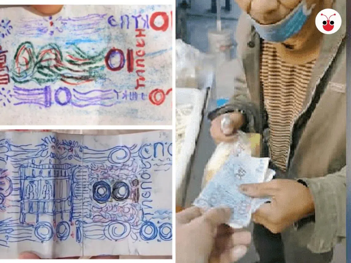 流浪大爷经常会拿手绘的“钱”去买面。（红蚂蚁制图）