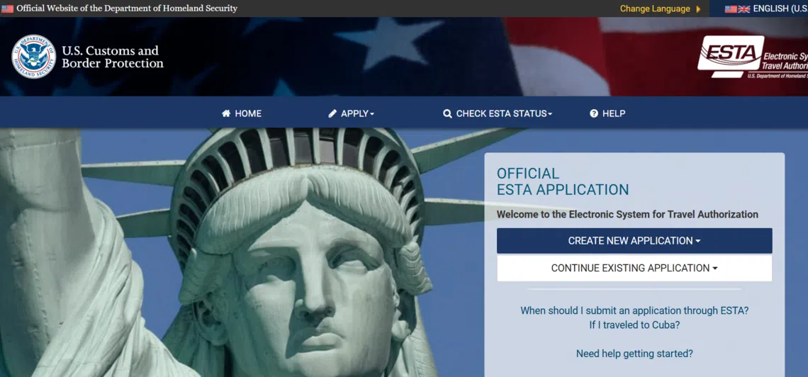 免签电子旅行授权系统（ESTA）申请界面。