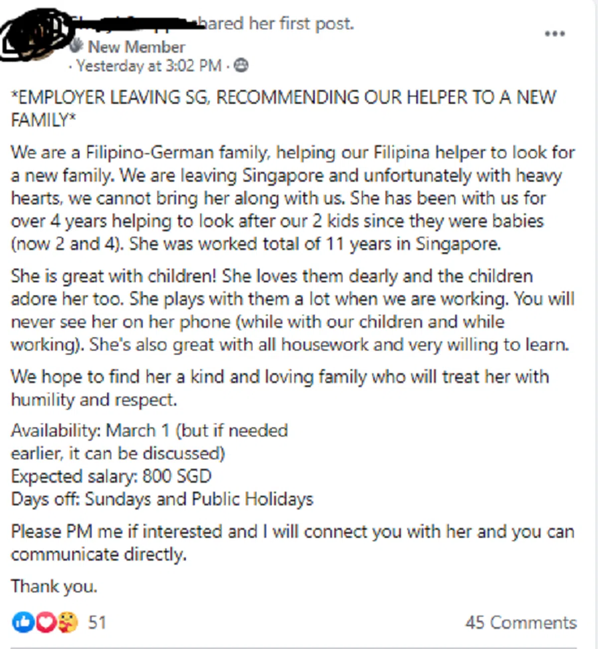  （截自“Singapore transfer helpers (maids) direct hire”面簿） 