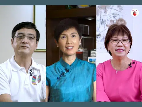 杨莉明（中）在福建话的版本中配搭王志豪（左），在广东话的视频中则与潘丽萍（右）搭档。（红蚂蚁制图）