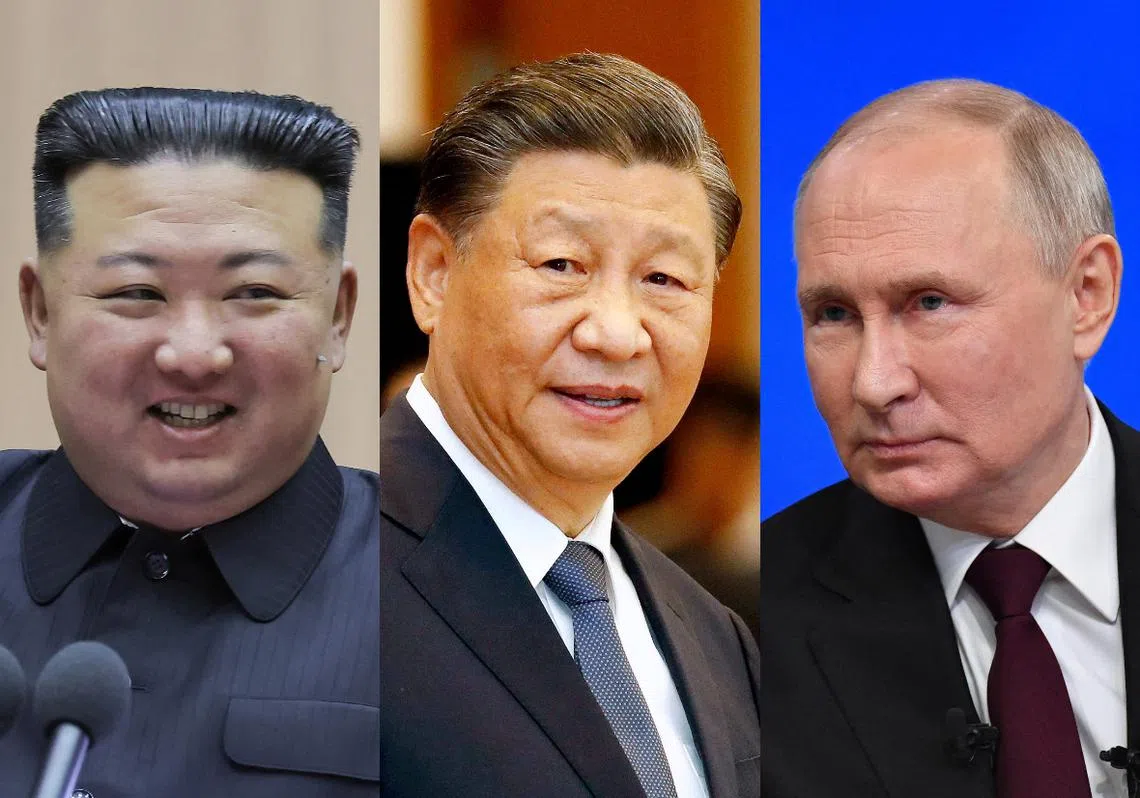 （左起）金正恩、习近平和普京近来不约而同当起了“催生大使”。（红蚂蚁制图）