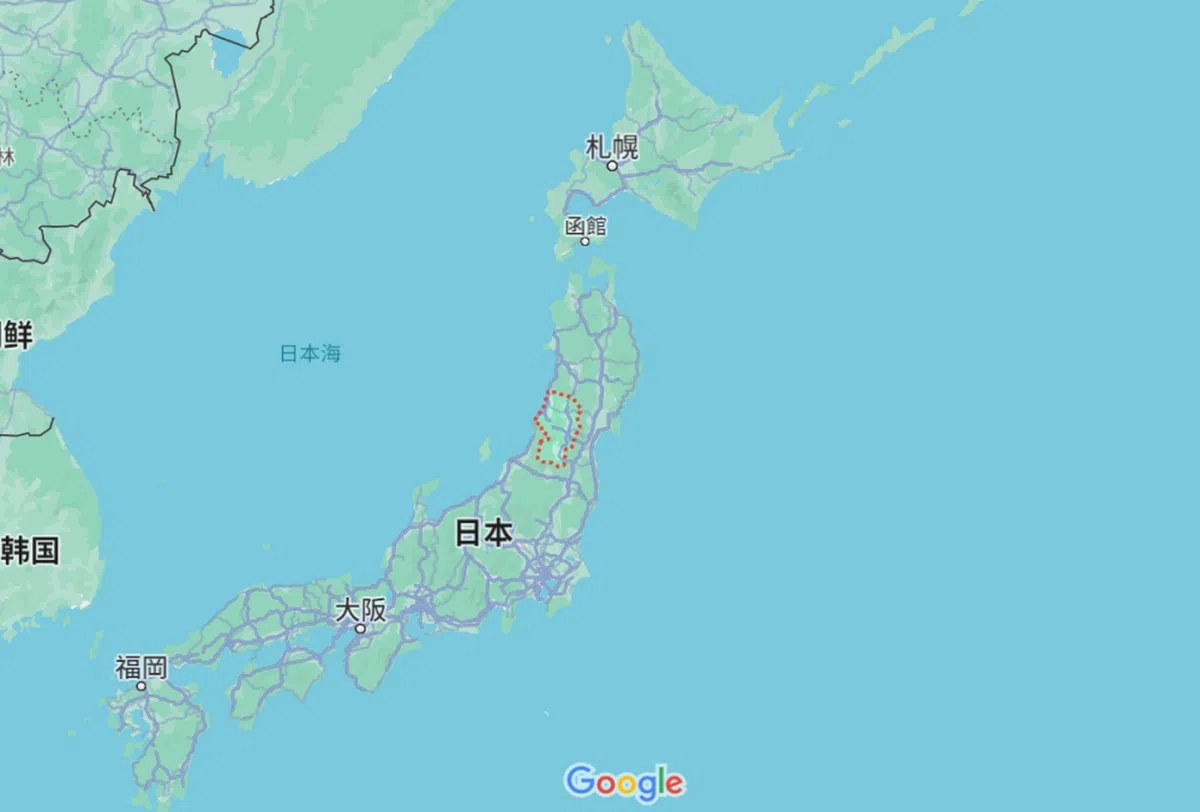 图中红色圈的就是日本山形县。（谷歌地图）