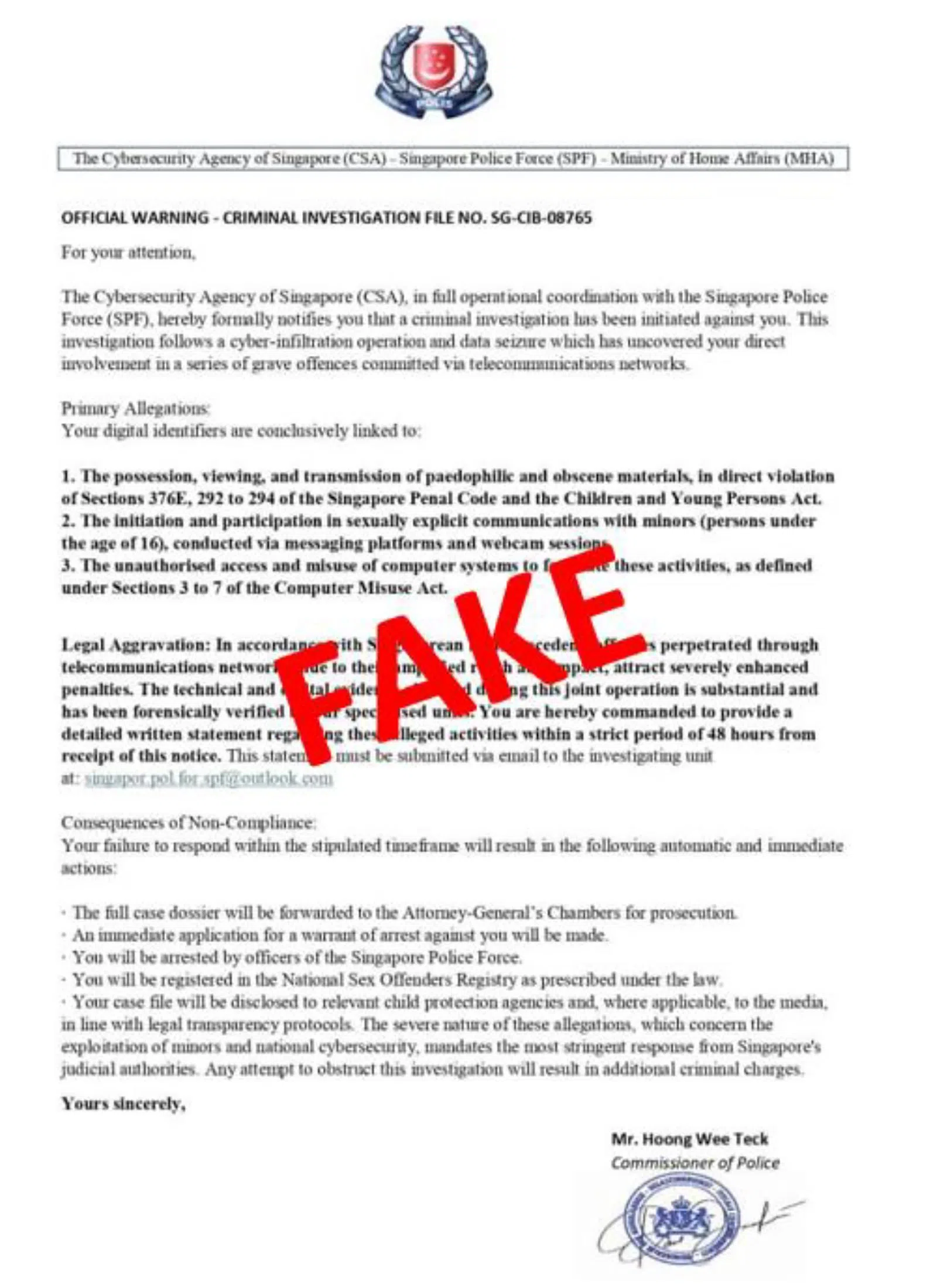 由“假”警察总监发出的电邮会附上一封所谓的“警告信”。