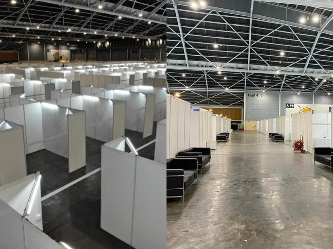 新加坡博览中心摇身一变成社区隔离设施。（何晶面簿）