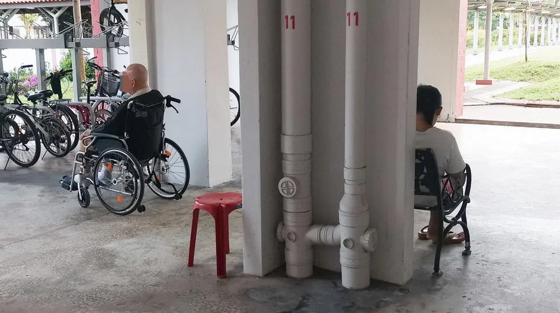 女佣带着坐轮椅的老雇主到楼下“散步”，下来后老人家被晾在一旁，女佣则坐在另一头玩手机。（Ho Wei Sheng）