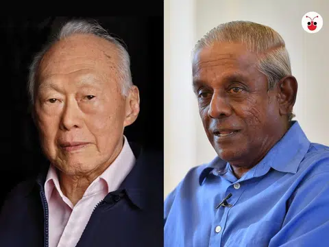 新加坡前副总理贾古玛（右）与已故建国总理李光耀。（红蚂蚁制图）