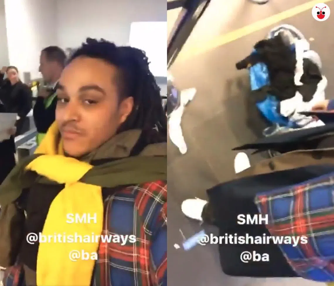 英国艺术家Ryan Carney Williams穿着10件上衣和八条裤子，试图登上从冰岛出发的英国航空班机，被机场安检拒绝登机。（推特截图）