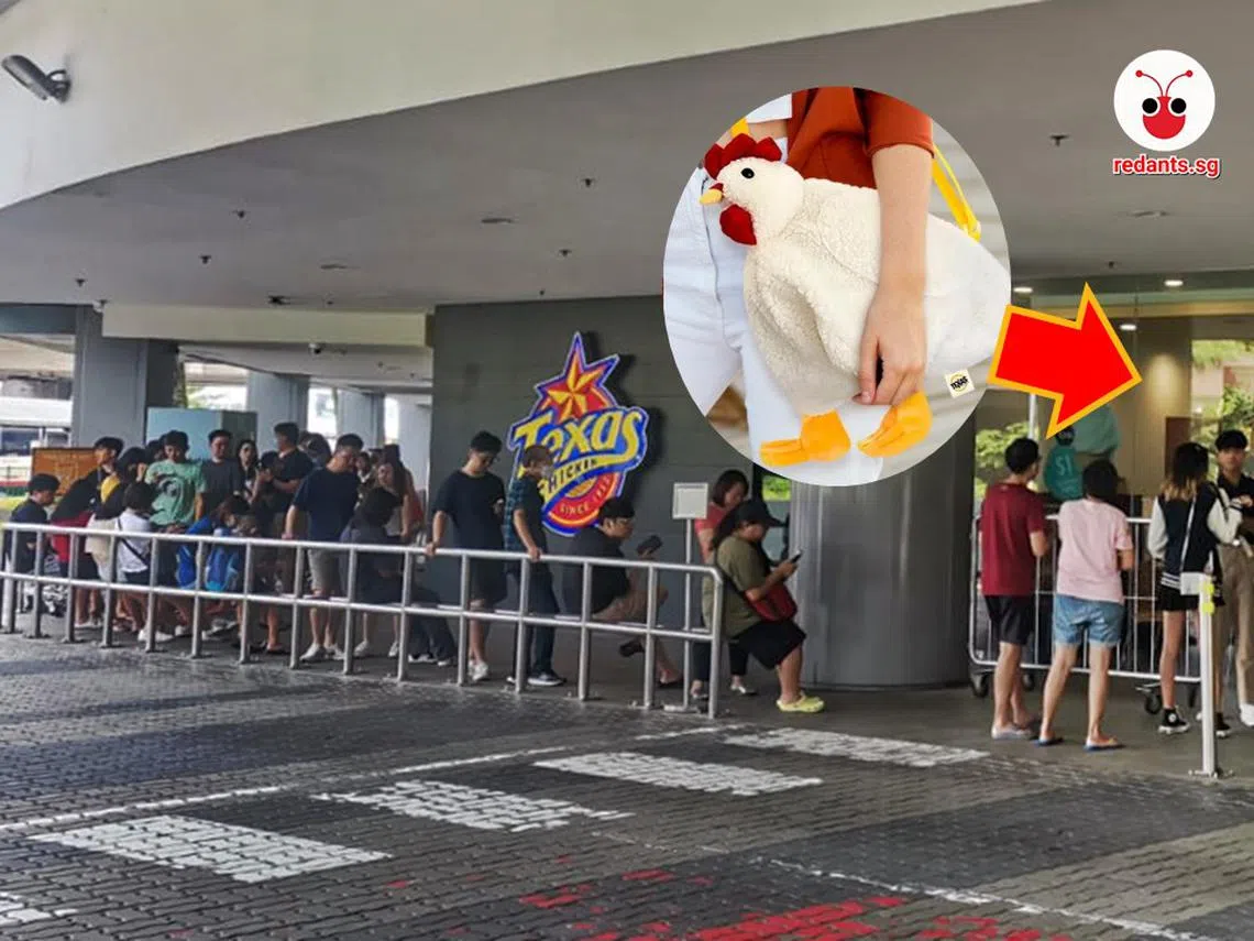 德州炸鸡门店外大排长龙，顾客都等着购买套餐免费领取附送的母鸡斜肩包。（新明日报/德州炸鸡脸书）