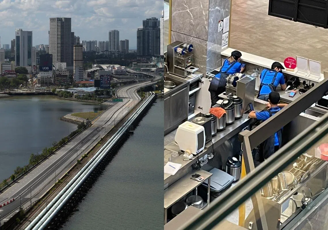 新柔边境封锁一年多，柔佛新山一些商场已开始出现“拍苍蝇”度日的境地。（红蚂蚁制图）