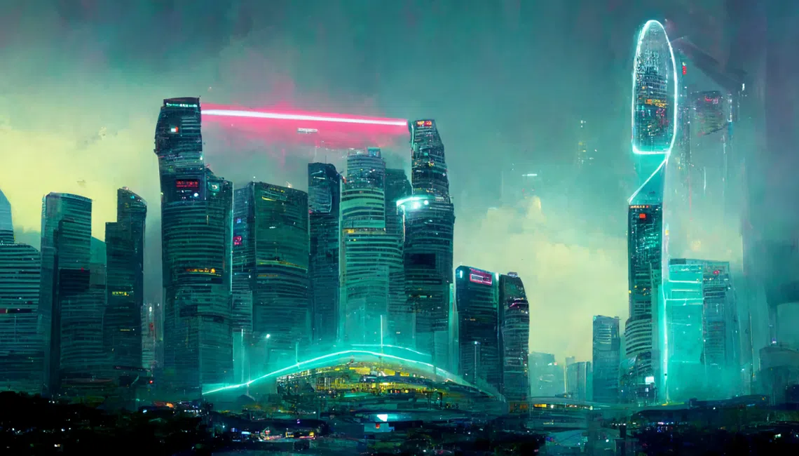 两栋摩天大楼之间的激光，是衔接彼此的走道吗？（ Midjourney AI）