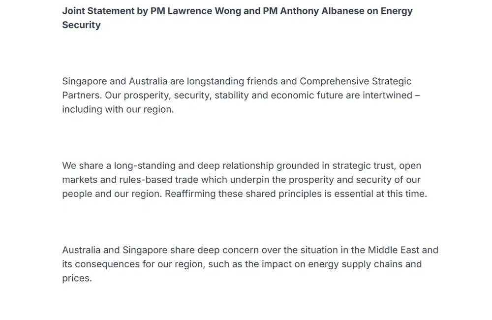 黄循财和阿尔巴尼斯在联合声明中指出，新澳两国密切关注中东局势，以及对本区域能源供应链和价格的影响。