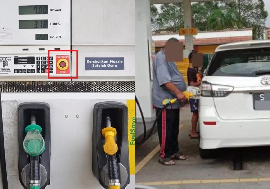 马国日前有油站业者推出视频称公众可按下紧急按钮，检举偷打津贴汽油的非马国车辆，但后来这一说法已遭油站总公司驳斥。（红蚂蚁制图）