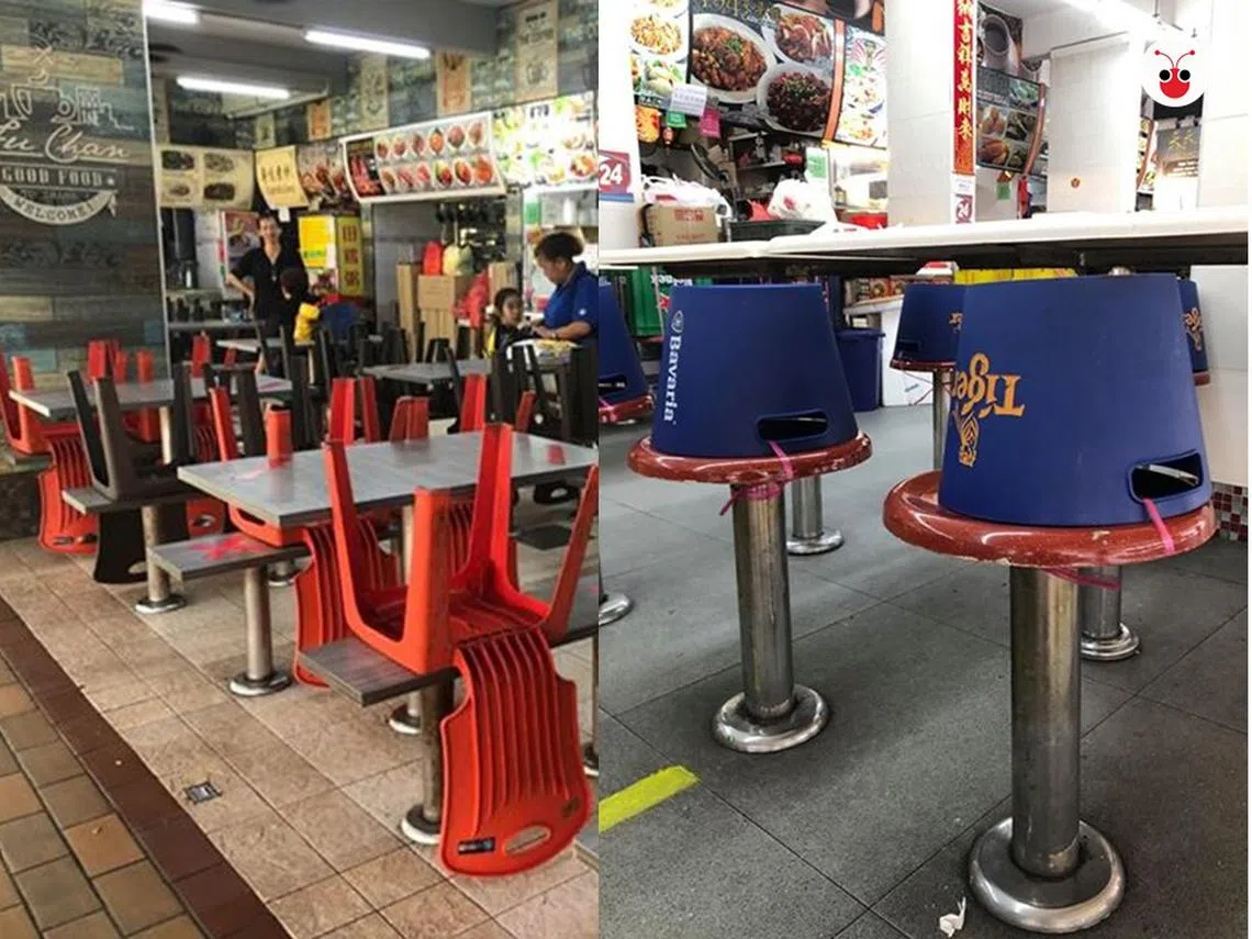 小贩中心咖啡店内的创意“椅阵”。（红蚂蚁制图）