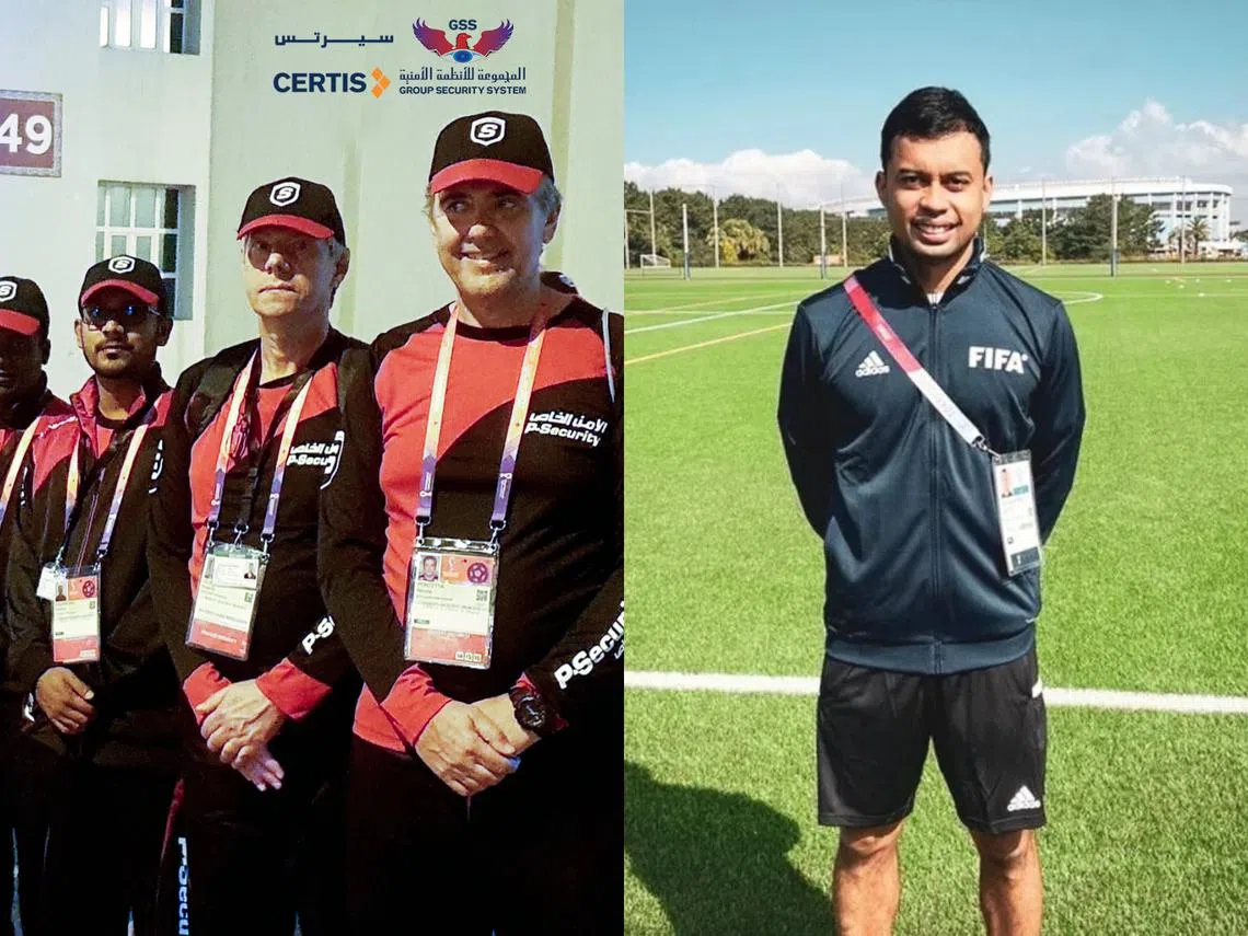 （左）策安集团的保安人员以及（右）裁判塔奇。（策安集团脸书/新加坡足球协会脸书）