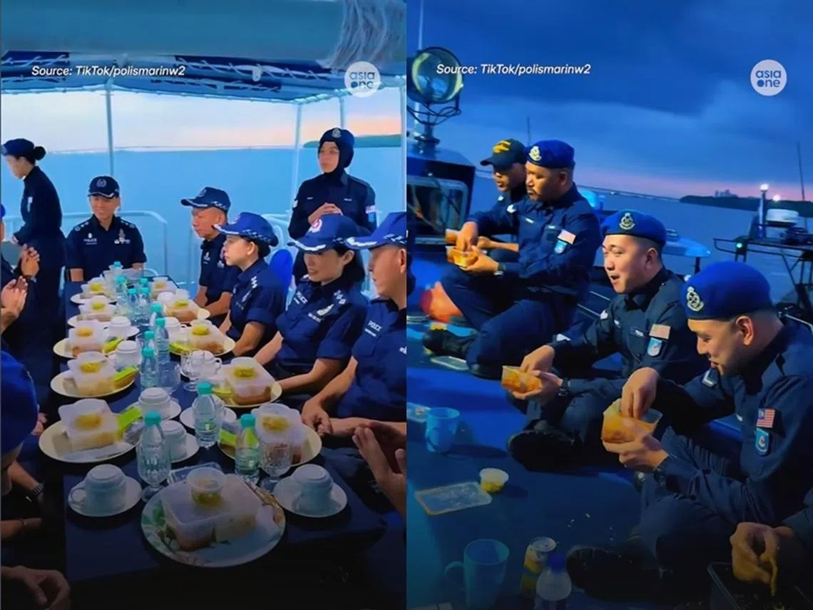 马来西亚水警以及新加坡警察海岸卫队的官员与警员，在海上一切吃“开斋饭”。