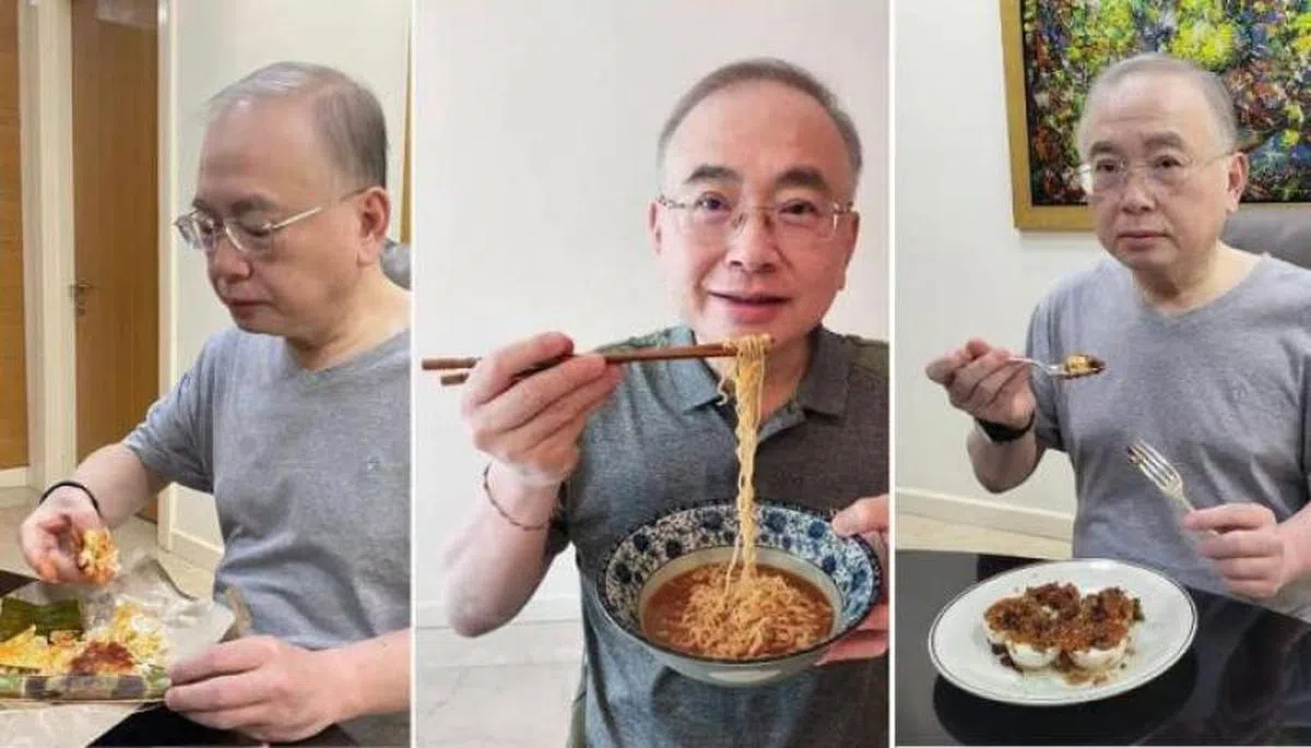 马来西亚交通部长魏家祥展示，他可以用手、筷子及汤匙与叉进食。（中国报）