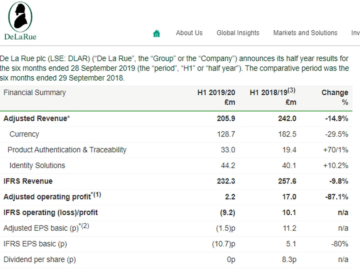  （De La Rue 2019/20财年半年报） 