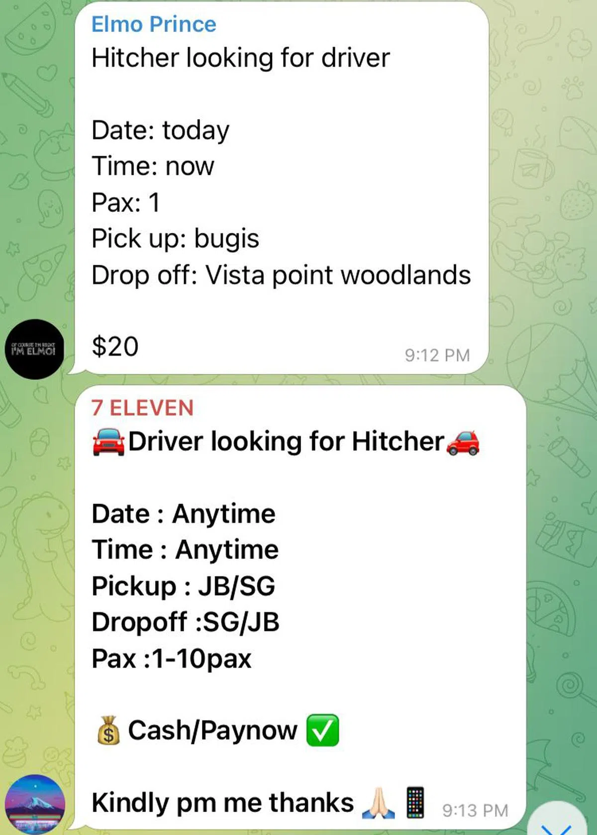 在Telegram相关的“叫车”群组中，几乎随时随地都能找到非法包车服务。（Telegram群组）