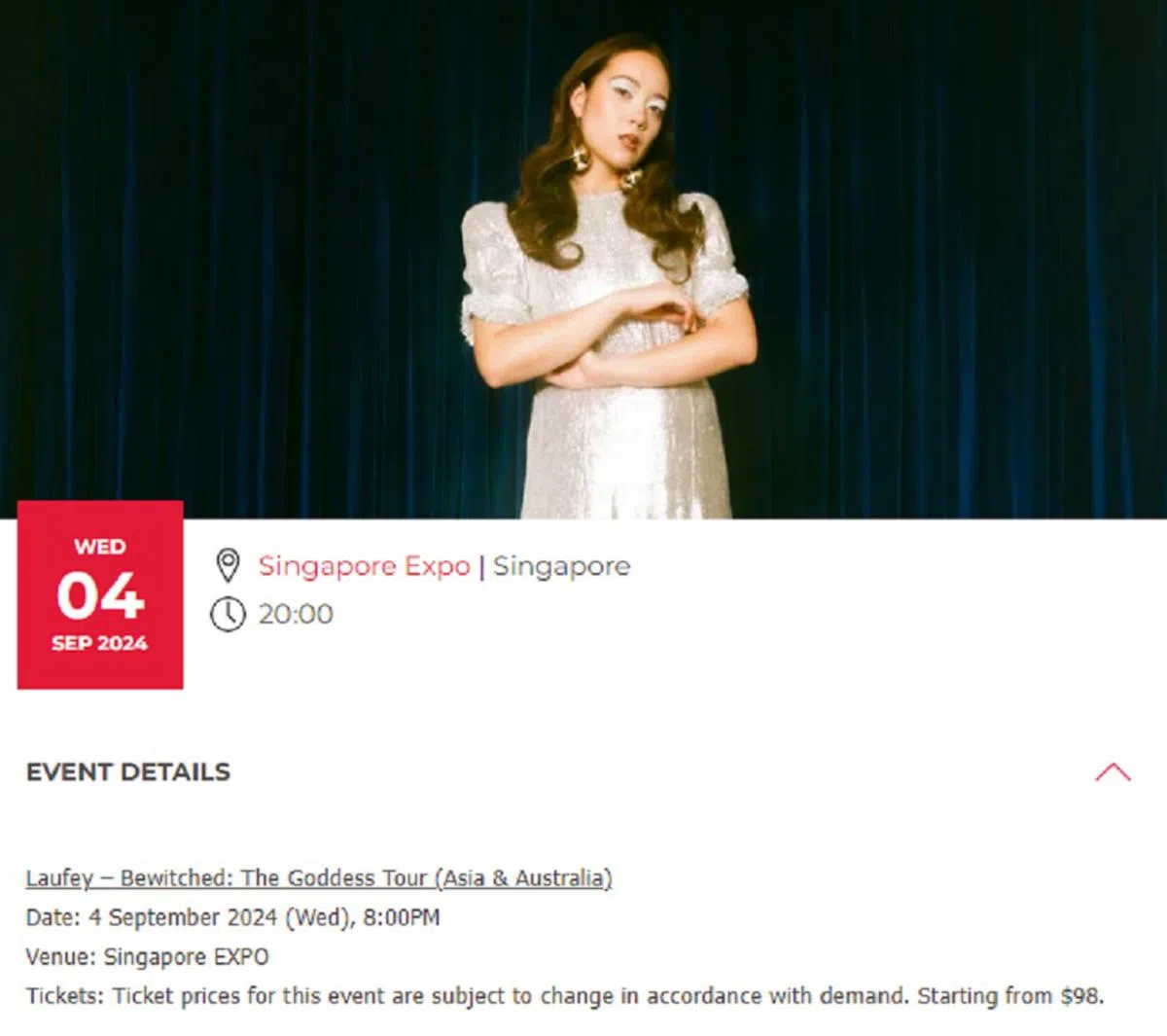 购票网站上注明门票从98新元起跳，卡利斯达却只能以216新元购得。（Live Nation Singapore网站截图）