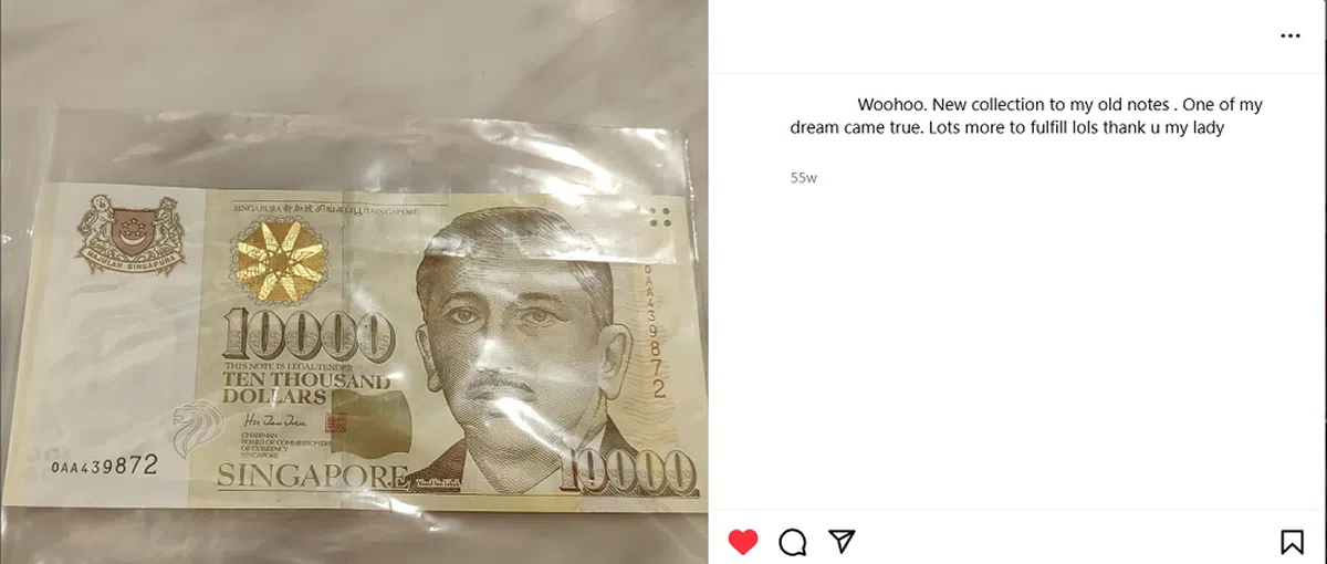 有人就说很开心能收藏到1万新元的钞票。(取自instagram)