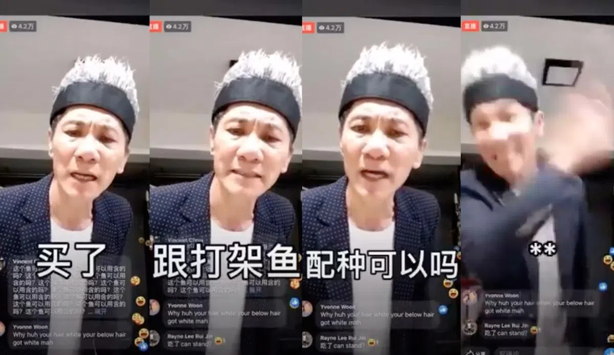  在直播卖鱼时被问到愚蠢的问题时，王雷立马变脸发飙的反应很真实也很好笑，仿佛在看一场歌台秀。(截图) 