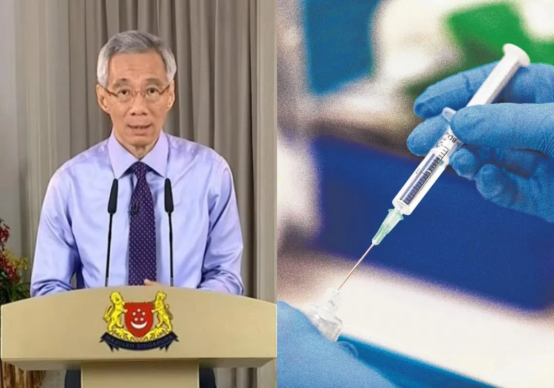 李总理（左）宣布，卫生科学局已正式批准辉瑞疫苗在我国投入运用。（李国豪制图）