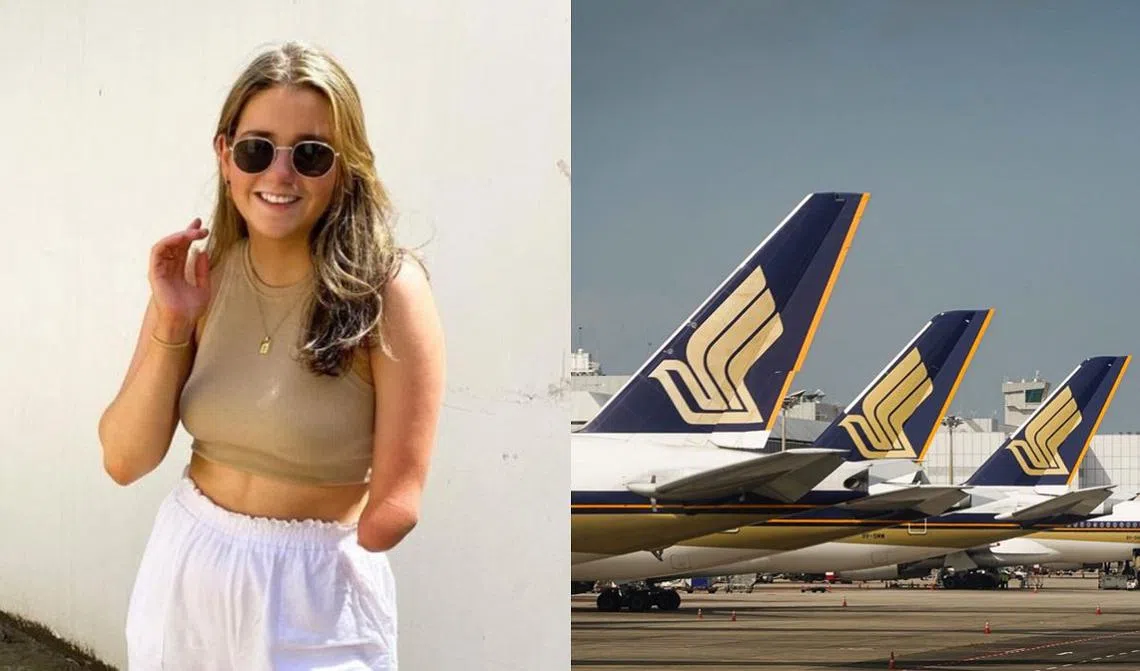 澳洲女学生伊莎贝拉在网上指责新航歧视她是截肢者，且不允许她坐在紧急出口。（取自Instagram、海峡时报／红蚂蚁制图）