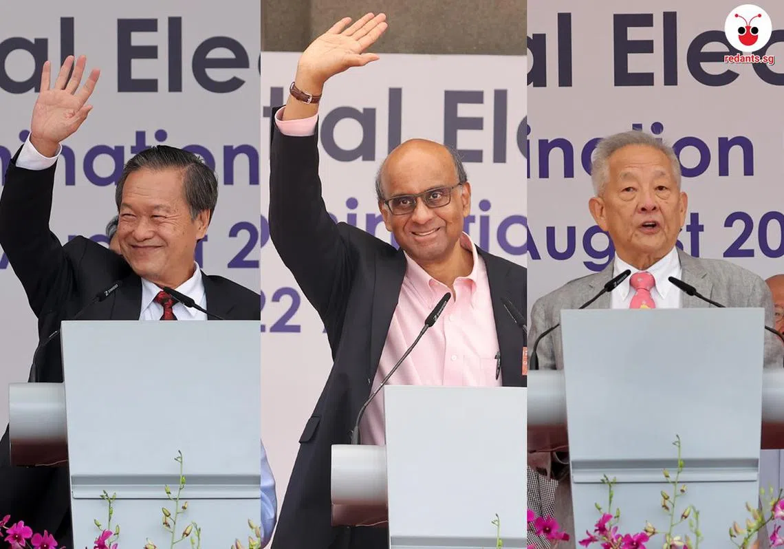 新加坡政府投资公司前首席投资官黄国松（右）、前国务资政尚达曼（中），以及职总英康前总裁陈钦亮（左），都顺利通过提名，成为第六皆届总统选举的候选人。（红蚂蚁制图）