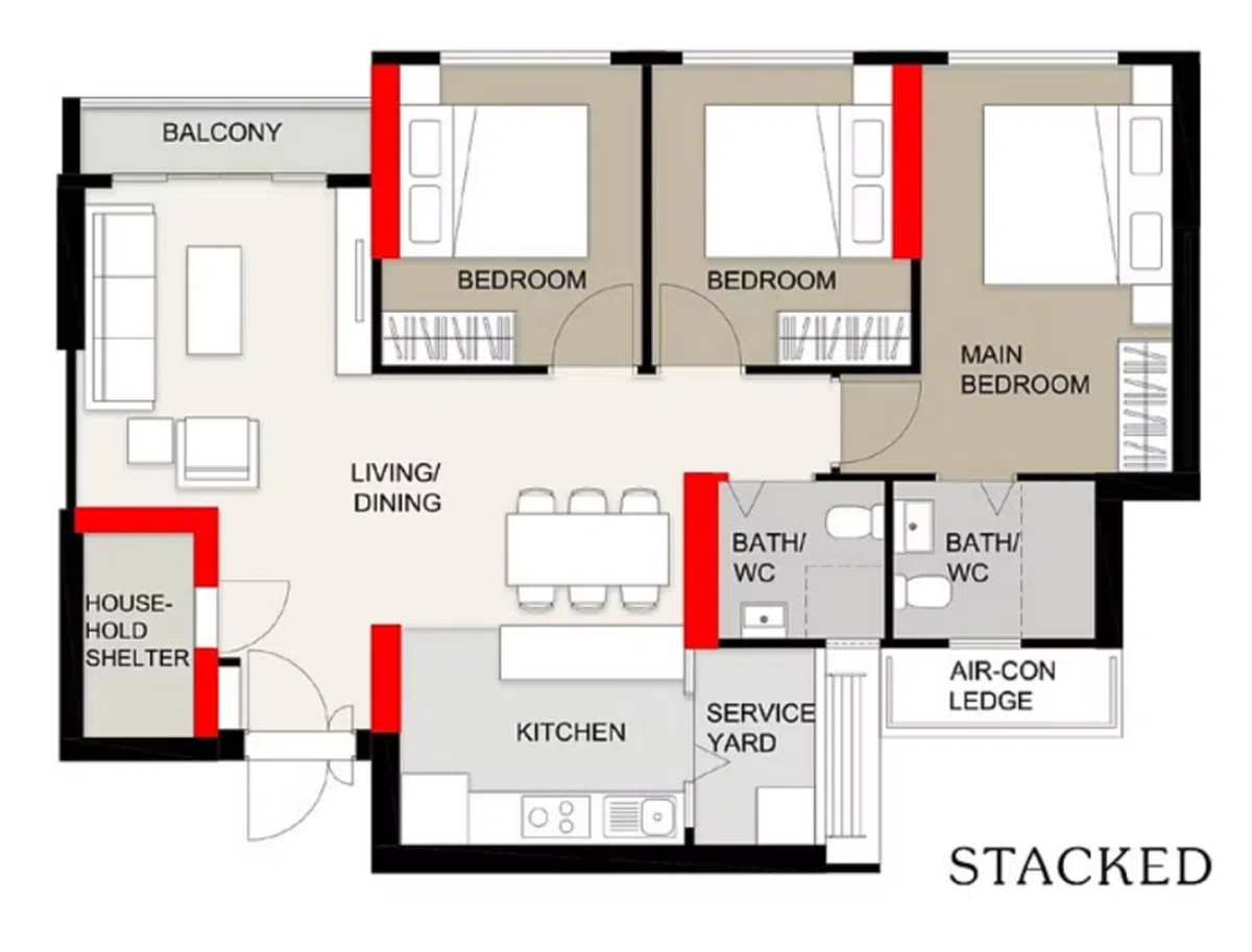 红色标出的墙壁属于承重墙和柱子，不能拆除。（Stacked）
