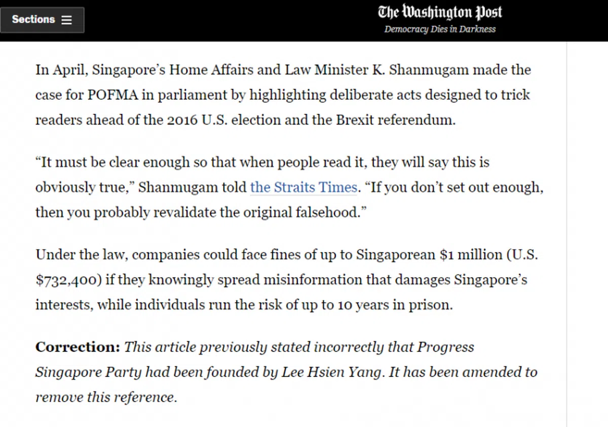  华邮11月28日发表题为“First target of Singapore’s ‘fake news’ law is Facebook post that alleged failed state investment in restaurant”的文章末端的更正。（华邮文章截图） 