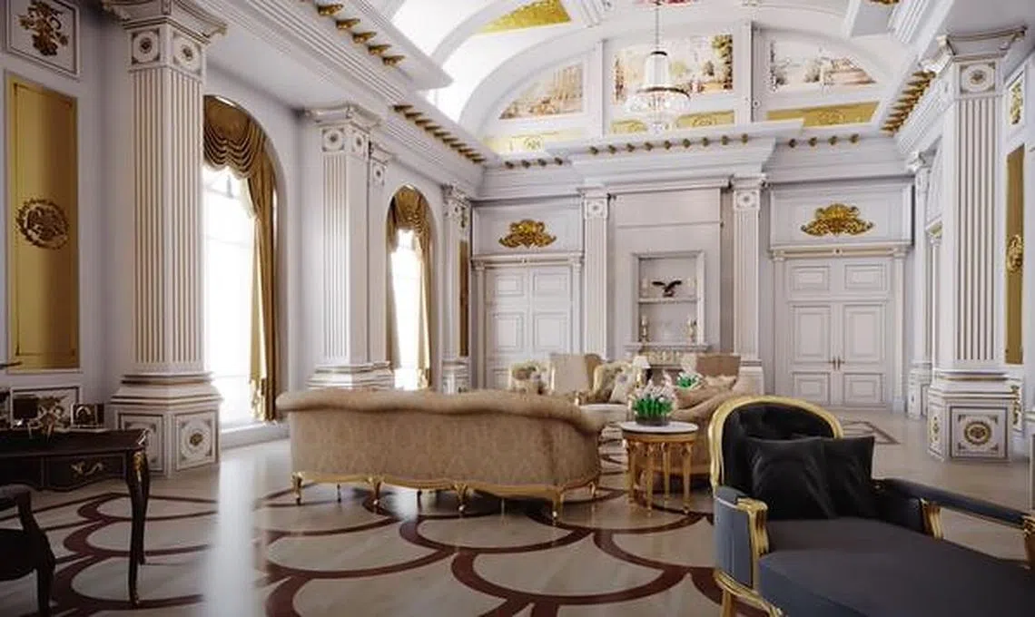 俄罗斯反对派领袖纳瓦尼团队1月19日上传爆料影片，视频封面斗大的标题写着：“普京宫殿”（ДВОРЕЦ ДЛЯ ПУТИНА）。图为殿内的宾客大厅。（纳瓦尼YouTube）