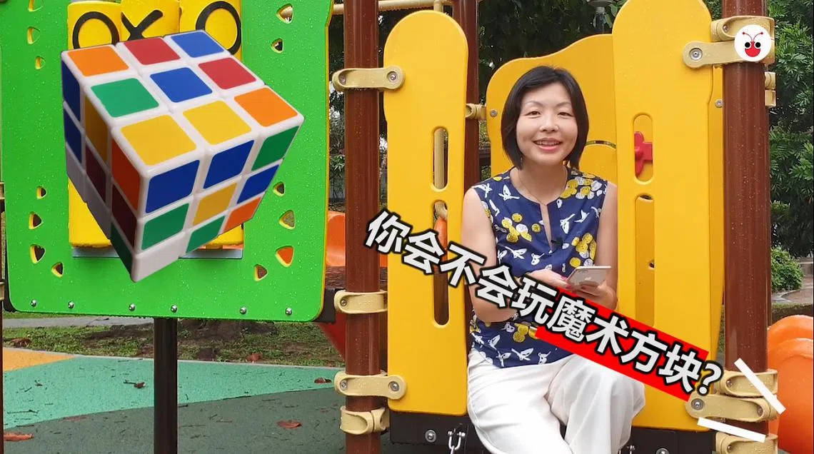 凤山单选区议员陈慧玲接受红蚂蚁的魔术方块大挑战。（红蚂蚁视频截图）