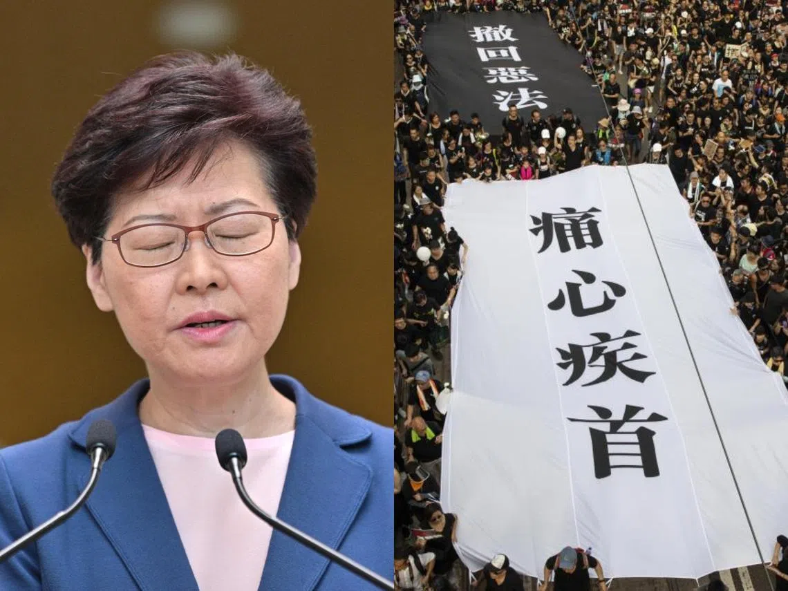 面对香港社会巨大的反对声浪，林郑月娥（左）宣告《逃犯条例》修订草案寿终正寝。（李国豪制图）